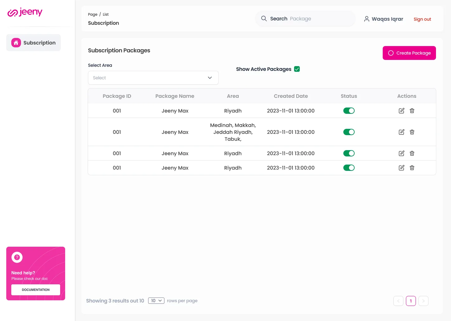 Jeeny admin web tool showing a table of subscription packages with area, status toggle and actions