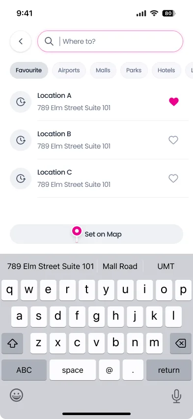 Jeeny destination search with favourites, categories and saved places