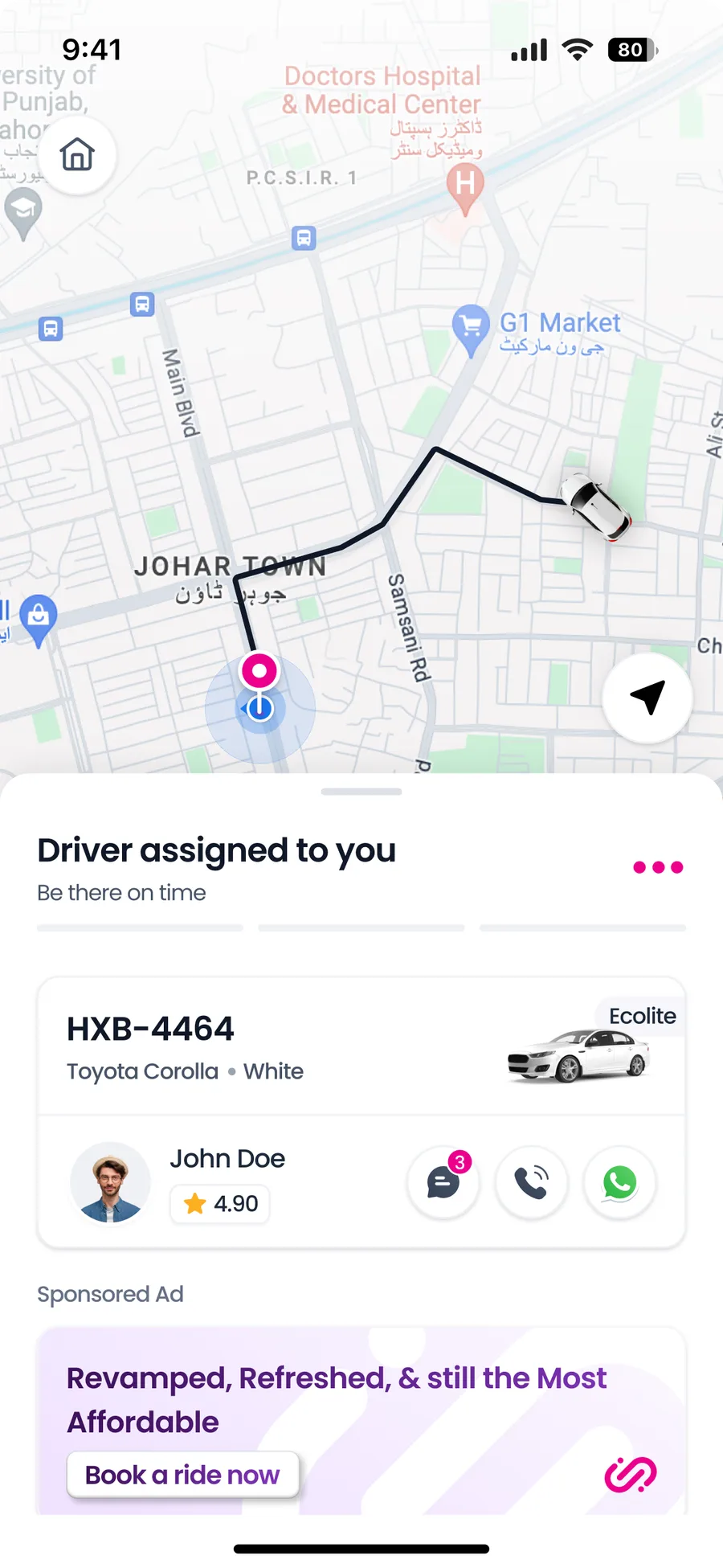 Jeeny driver assigned sheet with call driver, keep ride and cancel ride