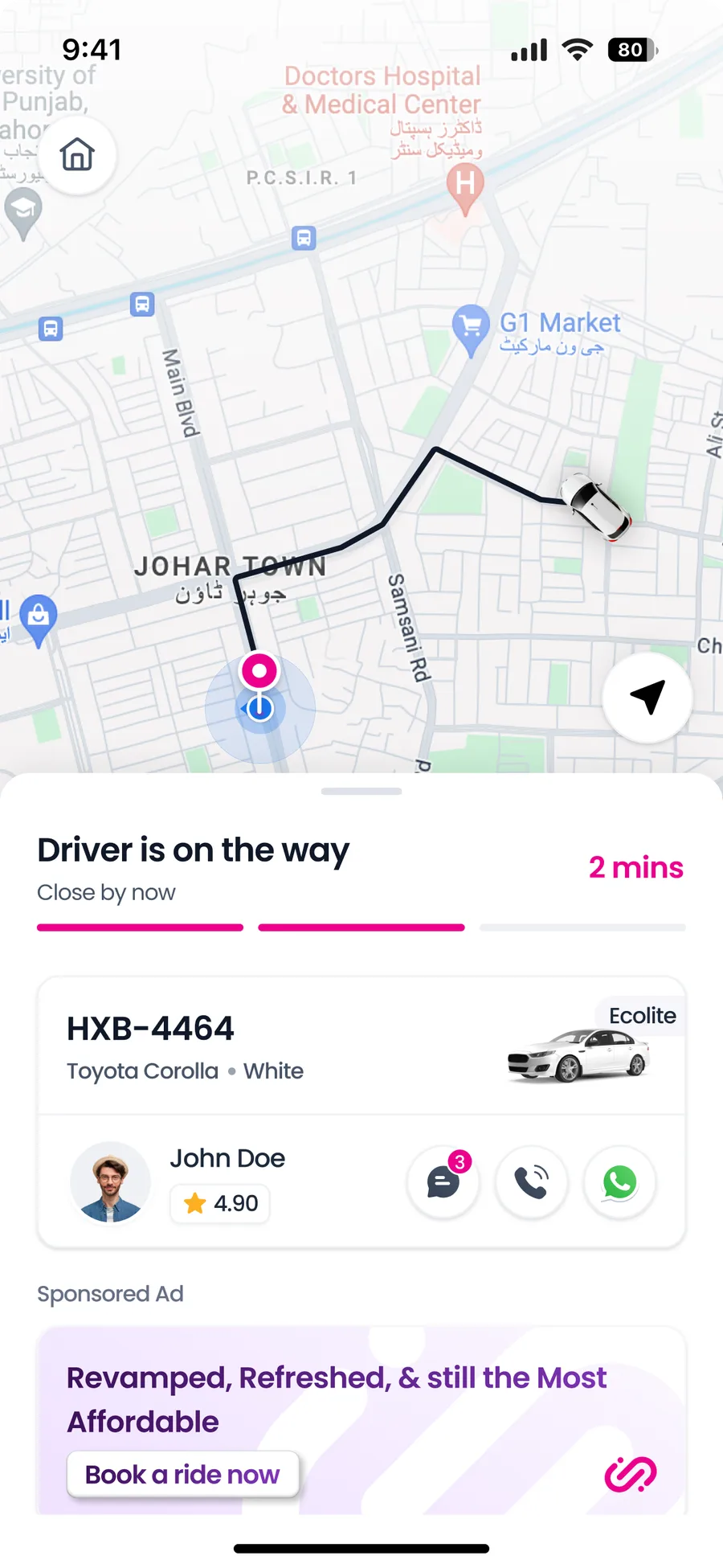 Jeeny driver on the way with a two-minute ETA and vehicle details