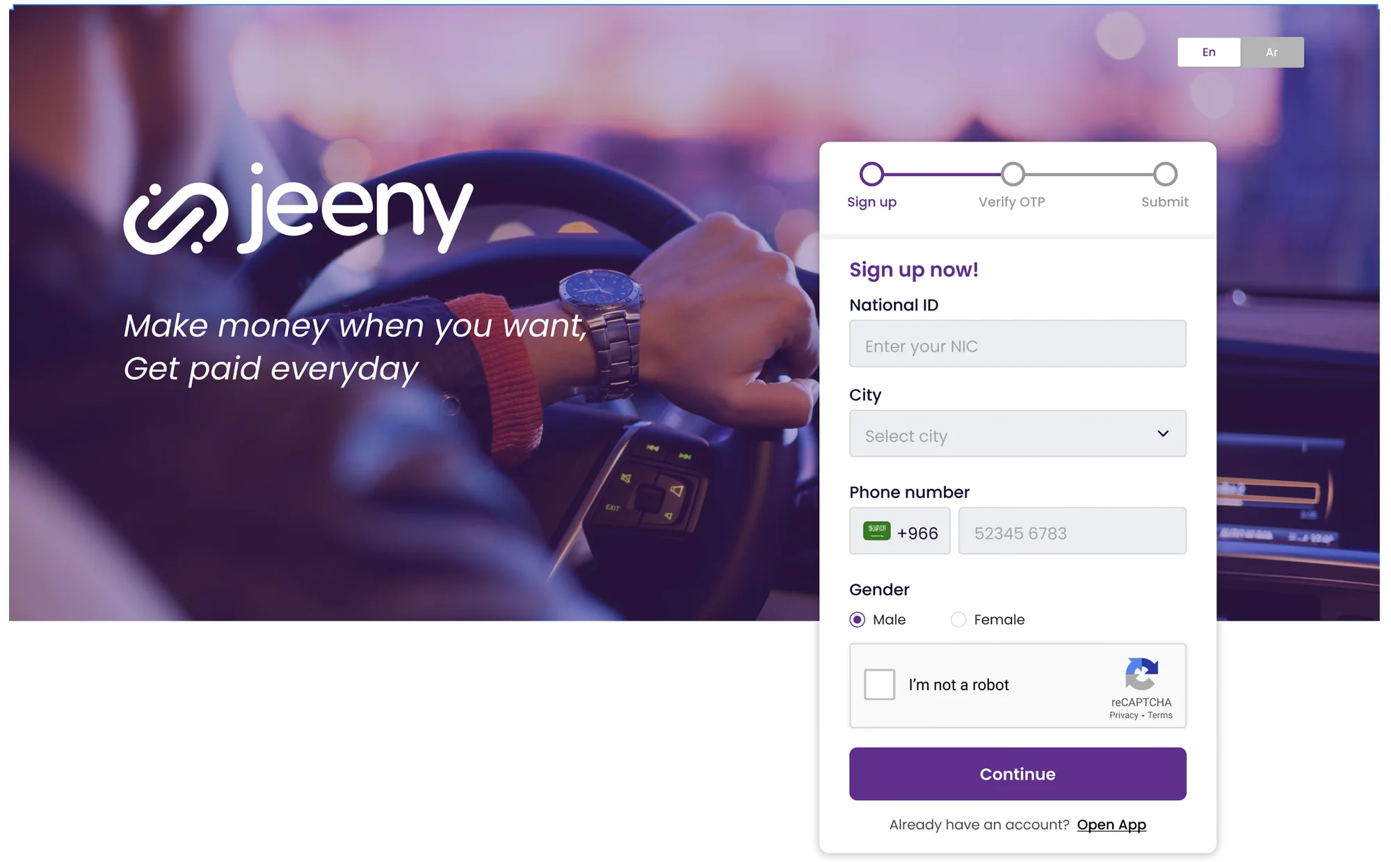 Jeeny driver sign-up page with a three-step form for national ID, city, phone number and gender