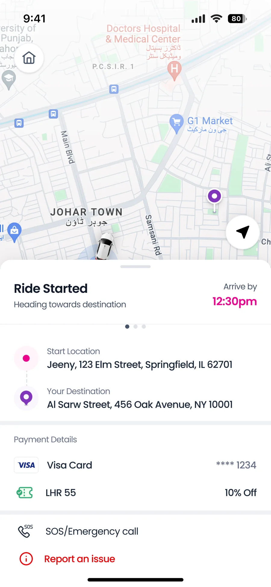 Jeeny ride started sheet with route, payment details and SOS