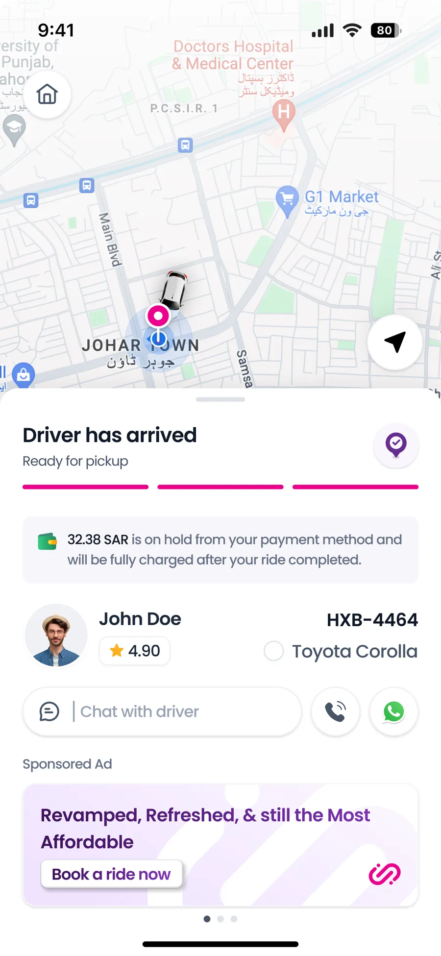 Jeeny driver arrived screen with a payment hold notice