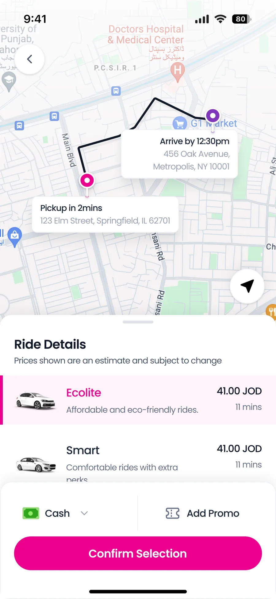 Jeeny ride details screen with two ride types
