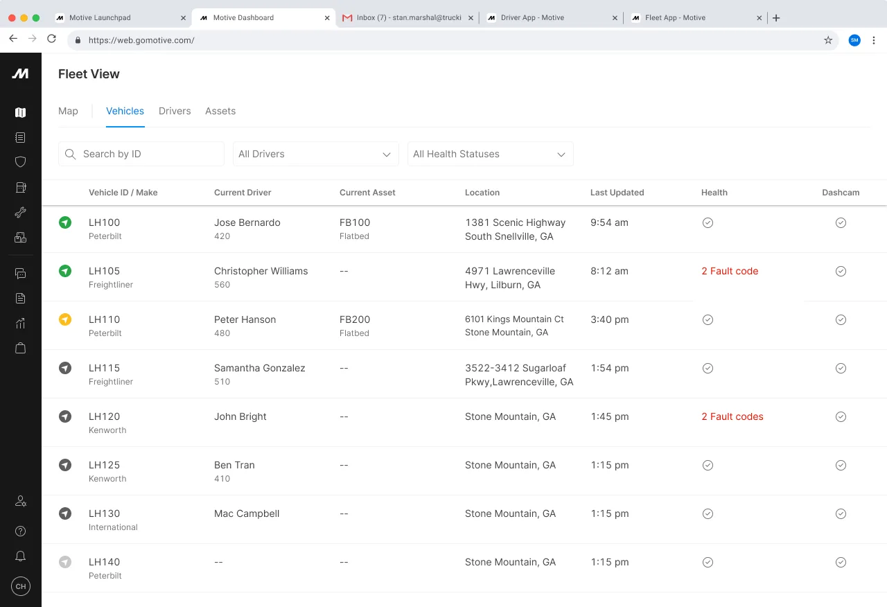 Motive Fleet View dashboard with a vehicles table showing driver, asset, location, health and dashcam columns