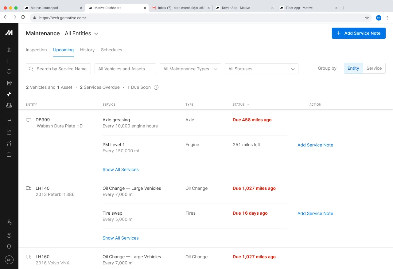 Motive Maintenance Upcoming tab listing vehicles with services due and overdue status
