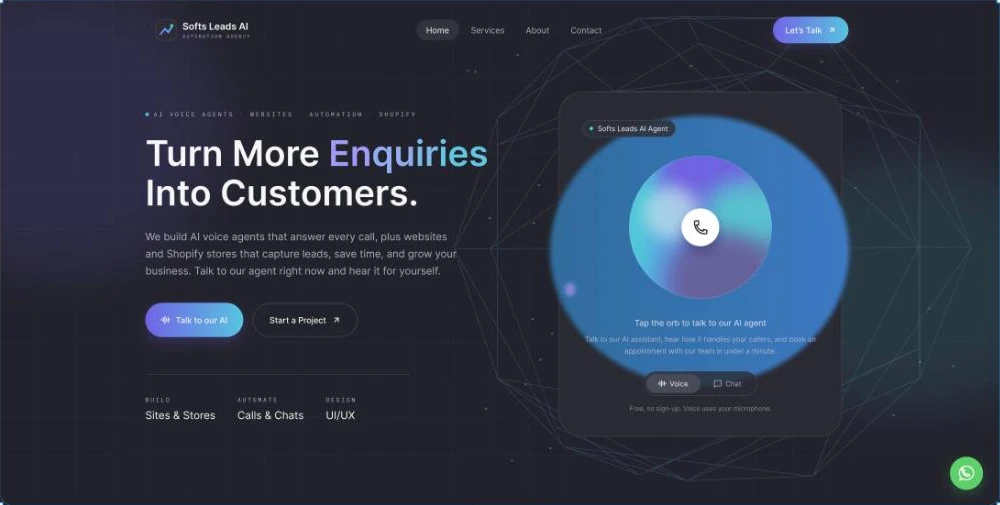 Softs Leads AI homepage design with the headline Turn More Enquiries Into Customers and an AI voice agent card